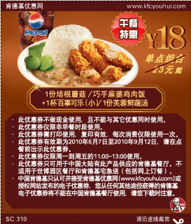 2010年6月至9月肯德基饭+百事可乐(小)套餐优惠券午餐特惠打印省5元起,有效期自2010年06月07日到2010年09月12日
